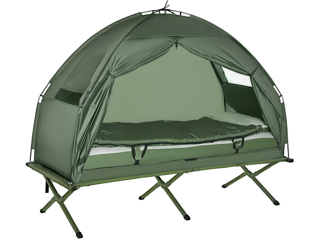 Outsunny Camping Tent Cot 6-in-1 Folding Tent Cot Combo Off Ground Travel Mattress, Pillow, Sleeping Bag, Bed Cover, Roller Carrying Bag, Hiking,...