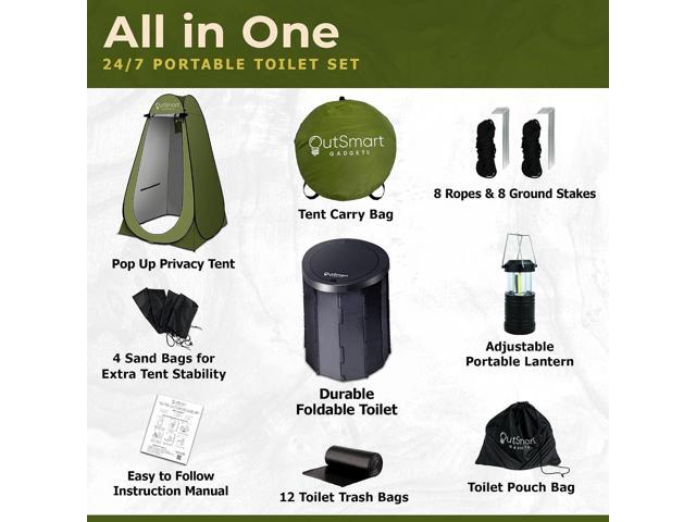 Outdoor Portable Toilet Set for Adults with Camping Night Lantern, Folding XL Toilet, Pop Up Privacy Tent and Carry Bags, Multipurpose Potty,...