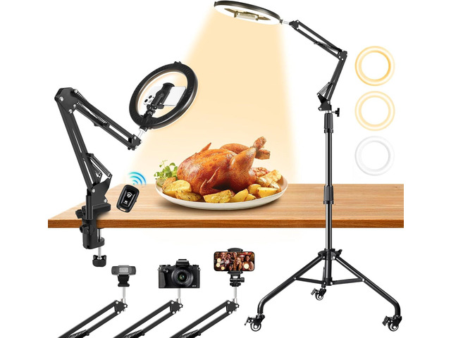 Ring Light Overhead Phone Mount with Casters, Dual-Purpose Floor/Desk Light Tripod for iPhone, Selfie Phone Tripod for Video Recording/Live...