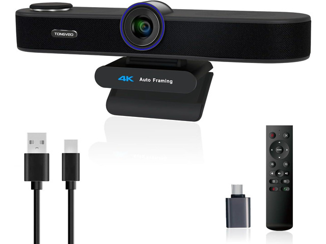 TONGVEO 3-in-1 4K Webcam with Microphones and Speaker, AI Auto-Tracking 5X Digital Zoom Webcam 4K Adjustable Field of View Remote Control Works...