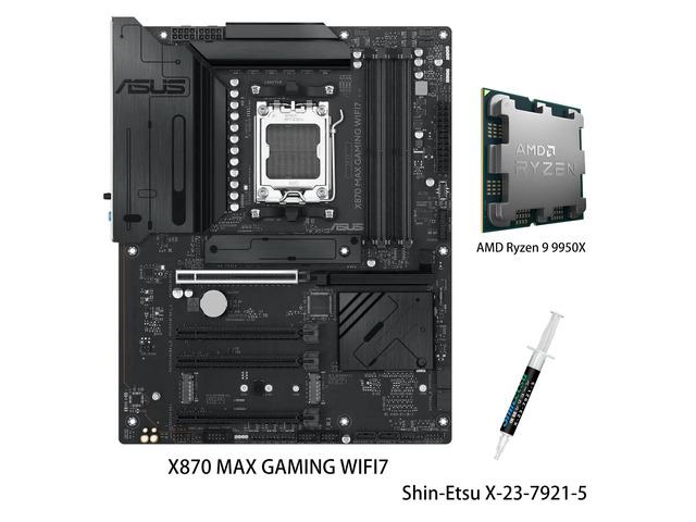 ASUS X870 MAX GAMING WIFI7 Motherboard & AMD Ryzen 9 9950X CPU Combo, AM5 ATX, DDR5, three M.2 slots, Realtek 2.5Gb Ethernet, USB 40Gbps,front USB...