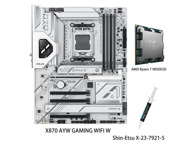 ASUS X870 AYW GAMING WIFI W Motherboard & AMD Ryzen 7 9850X3D CPU Combo, AM5 ATX, DDR5, three M.2 slots, Wi-Fi 6, Realtek 2.5Gb Ethernet, USB...