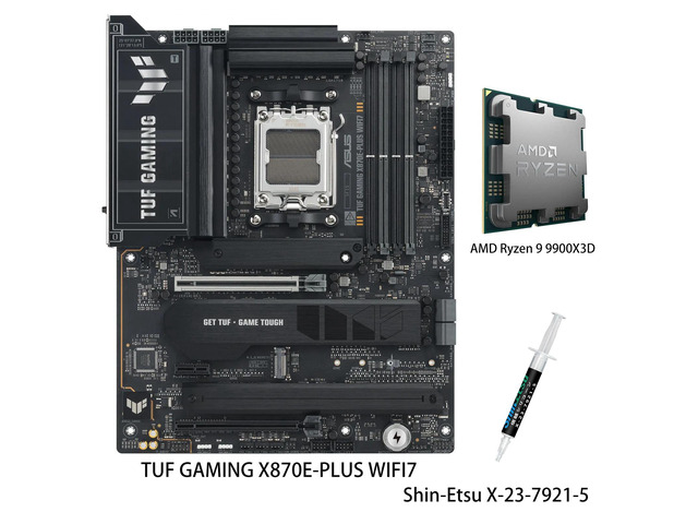 ASUS TUF GAMING X870E-PLUS WIFI7 Motherboard & AMD Ryzen 9 9900X3D CPU Combo, AMD X870E ATX with 16+2+1 80A Power Stages, DDR5 Support with AEMP,...