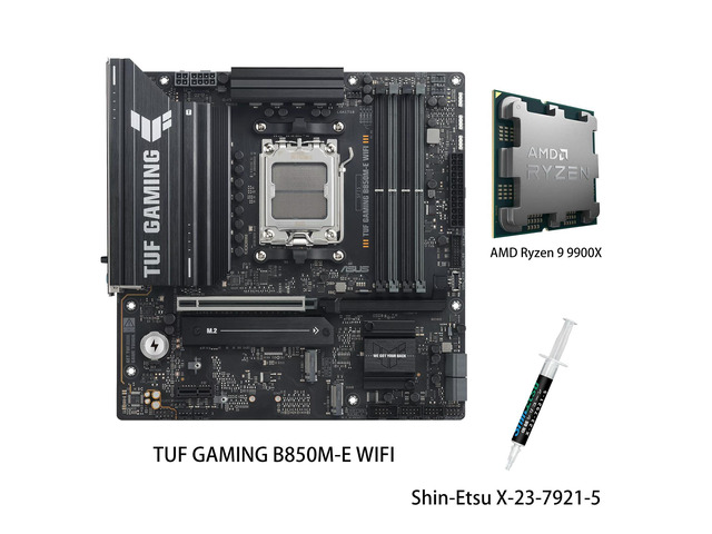 ASUS TUF GAMING B850M-E WIFI Motherboard & AMD Ryzen 9 9900X CPU Combo, AMD B850 mATX motherboard AM5, three M.2 DisplayPort, rear USB10Gbps...