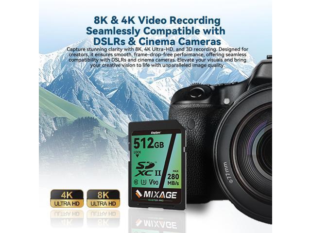 KingSpec MIXAGE High Speed 512GB C10 UHS-II U3 V90 A1 SD Memory Card Read/Write Speed Up to 280/269MB/s For 4K/8K Video Recording 512GB