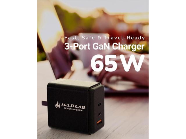 M. A.D LAB 65W GaN Fast Charger 3-Port USB C Charger Block, Compact Travel Adapter, Swappable Plugs, High-Speed Charging for iPhone, iPad, MacBook,...