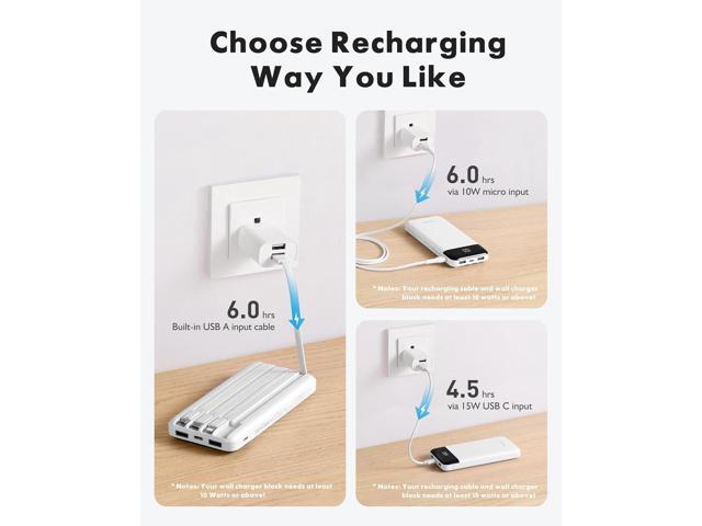 Charmast Portable Charger with Built in Cables, Power Bank with Cords Wires, Slim 10000mAh Travel Battery Pack 6 Outputs 3 Inputs 3A Fast Charging...