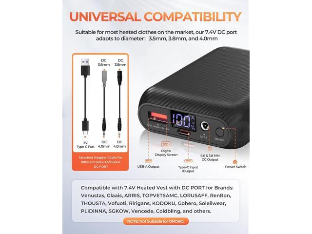 ./ Heated Vest Battery Pack, Power Bank with USB/Type-C/DC (3.5/3.8/4.0) Output and LED Display, for Heated Vests, Hoodies, and Jackets up to 12H