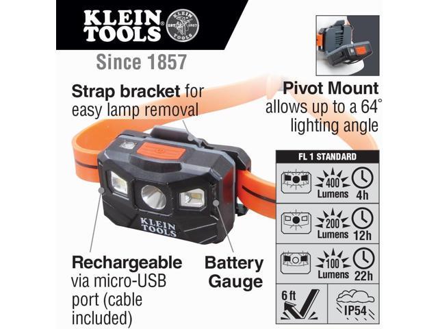 Klein Tools 56064 Rechargeable Auto-Off LED Headlamp, Silicone Strap, 400 lms, All-Day Runtime, for Work, Running, Outdoor Hiking, Camping