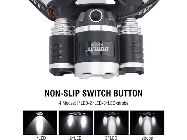 BORUIT RJ-3000 Headlamp Rechargeable, LED Head Lamp Super Bright - Outdoor Headlight 4 Modes, 4 Helmet Clips Waterproof Construction Hard Hat Head...