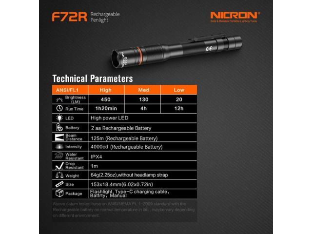 NICRON F72R Pen Light, Pocket Flashlight with Clip,5 Modes 450 lumens mini Rechargeable Flashlight Including Batteries, Focusing penlight ipx4...