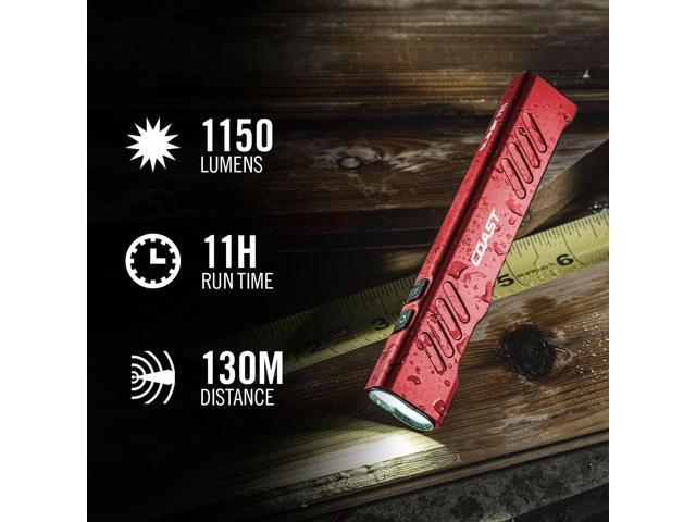 Coast Slayer 1150 Lumen USB-C Rechargeable LED Flashlight with Spot/Flood, Memory Mode and Pocket Clip, RED