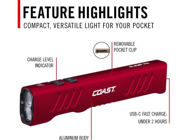 Coast Slayer 1150 Lumen USB-C Rechargeable LED Flashlight with Spot/Flood, Memory Mode and Pocket Clip, RED