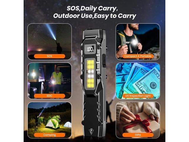 EDC Tactical Flashlight, 1100 High Lumens Rechargeable LED Flat Flashlight w/ Clip & Digital Display, Pocket Flashlight for Home Camping Emergency,...
