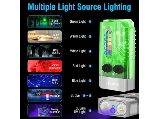 BORUIT V10 LED Small Powerful EDC Flashlight with 365nm UV Red Green Blue Light,Super Bright USB C Rechargeable Powered Mini Pocket Keychain Flash...