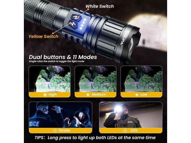 5000mAh Rechargeable High Lumens Flashlight with Warm/White Light - 11 Modes Zoomable Tactical, Waterproof for Camping, Emergency, Outdoor Travel