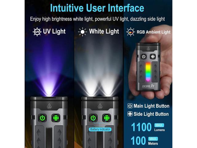 BORUIT EV20 LED Small EDC Flashlight with 365nm UV Light,1100 Lumen USB-C Rechargeable Pocket Keychain Flashlights with RGB Side Light,IP66...
