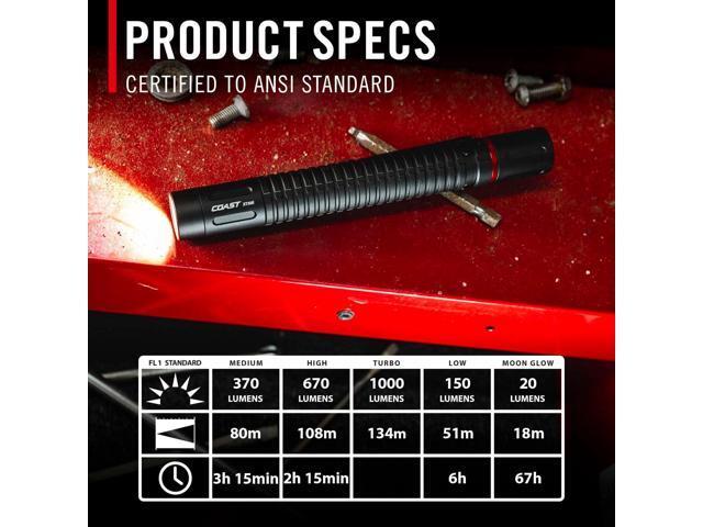 Coast XT30R 1000 Lumen Rechargeable LED Pocket Flashlight, 5 Light Modes with 2-Way Clip and Bite Caps Included