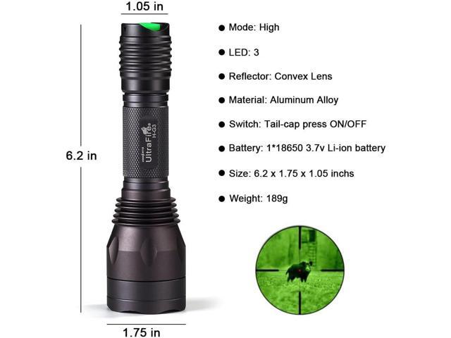ULTRAFIRE Green Hunting Flashlight, 650 Lumens, Single Mode, 520-535 nm Wavelength 256 Yards,Tactical LED Night Hunting Light for Hog Pig Coyote...