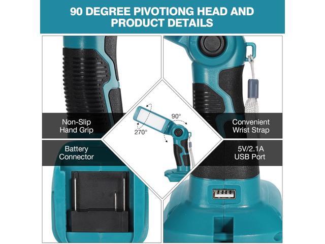 YEX-BUR 12W 1000LM LED Flashlight Work Light for Makita 18V Battery, Jobsite Handheld Spotlight Desk Lamp with 5V 2.1A USB Port, 90 Degree Pivoting...