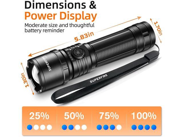 SuperFire Rechargeable Flashlights Bright Lumens, 5 Modes & Memory Function with 3000mAh Removable Battery, USB-C Zoomable & Waterproof, Perfect...