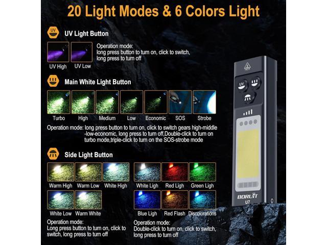 BORUIT U7 LED Small Powerful Flat EDC Flashlight with 365nm UV Black and RGB Light,USB C Rechargeable 1100L Pocket Flash Light with Clip,IP65...