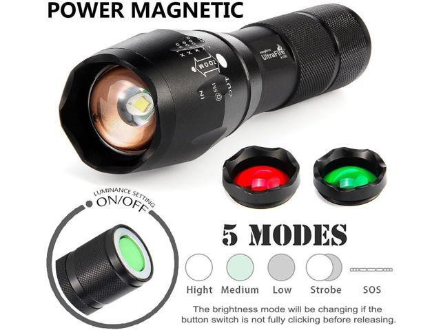 ULTRAFIRE 2 Pack A100 LED Hunting Flashlight,800 Lumen 3-Color-Light Tactical Flashlight 5 Modes Zoomable Small LED Hand held Flashlights (White...