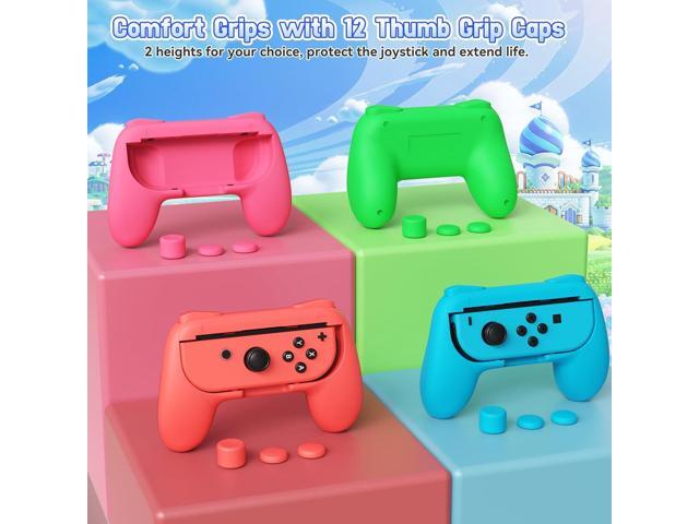 FASTSNAIL 4 Pack Grips Kit Compatible with Nintendo Switch for Joy Con, Wear-Resistant Grip Controller for Joy con & OLED Model with 12 Thumb Grip