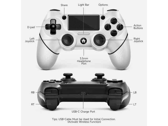 AceGamer 2 Pack for PS4 Controller, Wireless Controller for PS4/Pro/Slim/PC, with Non-Slip Grip of Both Sides and 2 USB-C Cable! (Black and White)