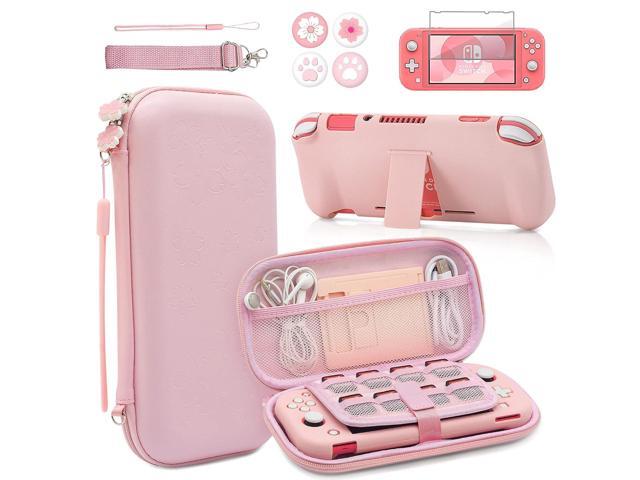 BRHE Pink Travel Carrying Case Accessories Kit for Switch Lite, Hard Protective Cover Skin Shell with Stand, Glass Screen Protector, Thumb Grip...
