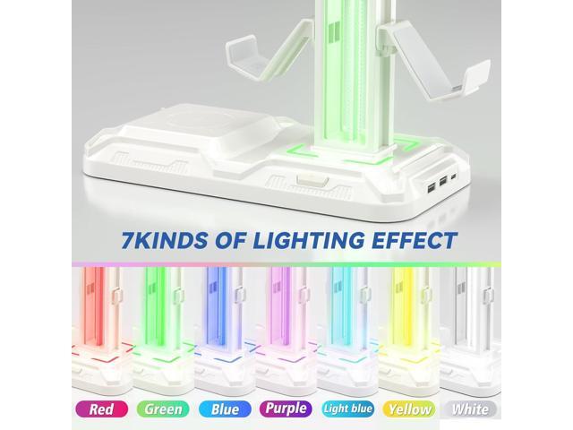 KDD RGB Headphone & Controller Stand with Wireless Charging - Rotatable Headset Stand with 9 Light Modes - Controller Holder with 2 USB and Type C...