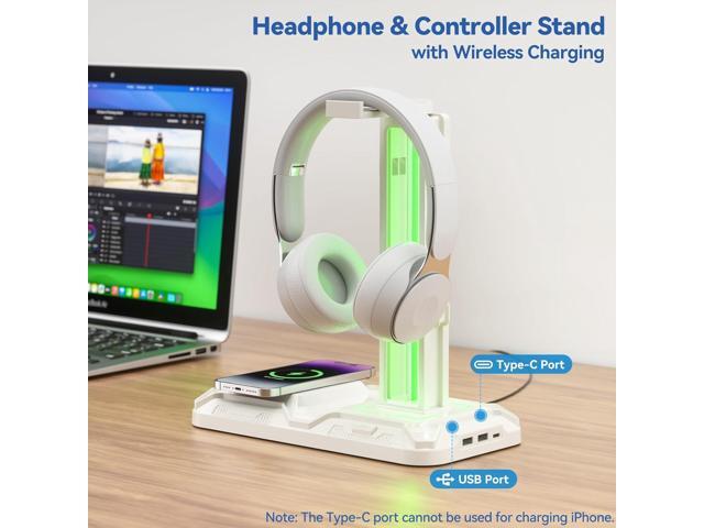 KDD RGB Headphone & Controller Stand with Wireless Charging - Rotatable Headset Stand with 9 Light Modes - Controller Holder with 2 USB and Type C...