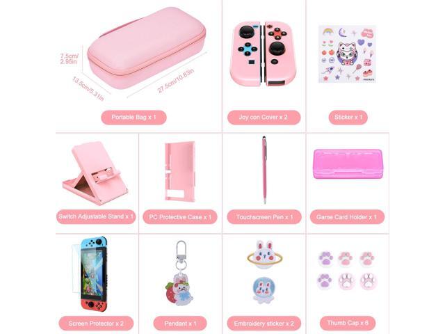 innoAura Switch Case 19-in-1 Bundle for NS Switch (2017), with Carrying Case, Game Organizer, Screen Protector, Stand and Thumb Grips, Pink