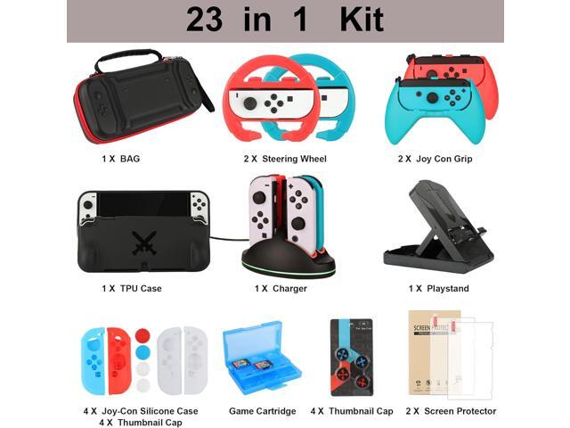 Accessories Bundle Pack for Nintendo Switch OLED Model(2021), Family Party Kit with Carrying Case, Joy Con Charging Dock, Grips, Covers, Steering...