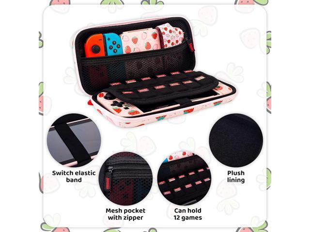 RHOTALL Cute Strawberry Carrying Case for Nintendo Switch, Hard Portable Travel Case for Switch Accessories with Protective Shell, Shoulder Strap,...
