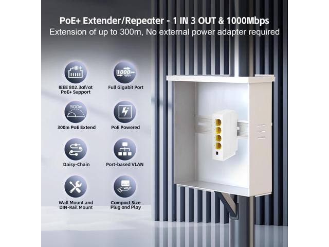 YuLinca 4 Port Gigabit PoE Extender with 1 in 3 Out, IEEE 802.3 af/at 30W Repeater with 10/100/1000Mbps, Wall and Din Rail Mount POE Passthrough...