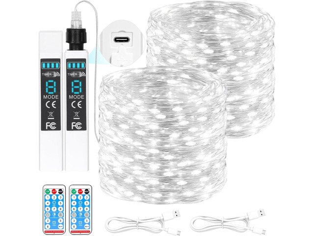 Lakumu 132FT(66 * 2) Fairy Lights Battery Operated String Lights, Twinkle Lights with Remote &Timer, Cool White LED Fairy Lights for Bedroom...