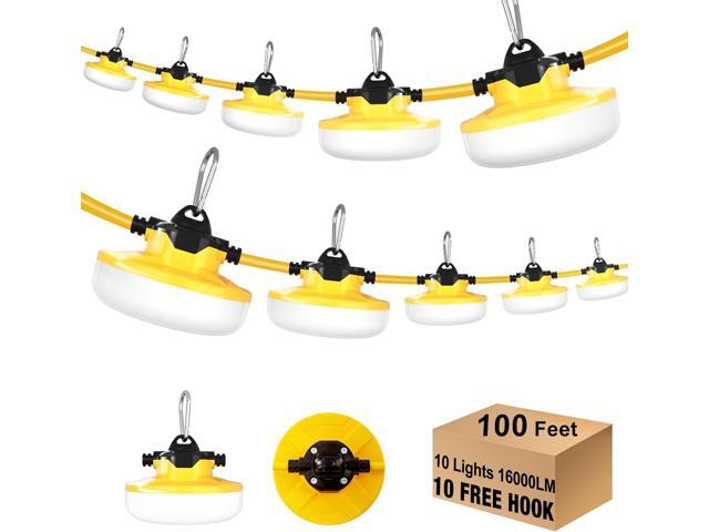 LED Construction String Light 100FT, 130W 16000Lm Industrial LED String Work Lights with 10 Bulbs, Linkable 5000K Super Bright Temporary Lighting.