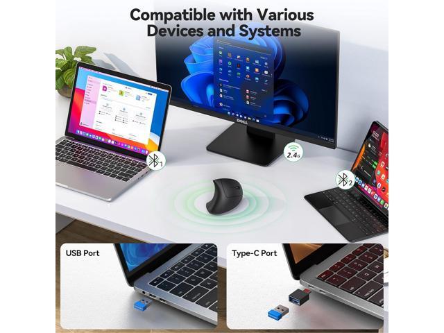 TECKNET Ergonomic Mouse, Jiggler Bluetooth Wireless Vertical Mouse, 4800 DPI Silent Mouse with 6 Adjustable DPI Levels, 2.4GHz (USB A & C) Mouse, 6...