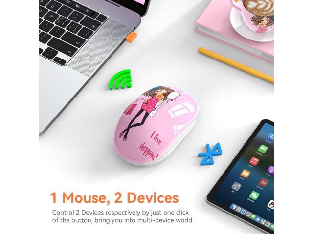 Cute Pink Wireless Mouse, Dual Mode, Bluetooth & 2.4GHz USB Receiver, Silent Clicks, AA-Battery Powered, Handy & Durable, for Kids, Girls, Students...