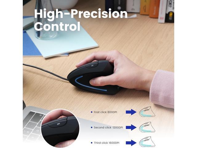 Perixx PERIMICE-513C Wired Vertical USB-C Mouse, 6 Buttons, Adjustable 1000/1600 DPI, Right-Handed, 5.9ft Cable, Black