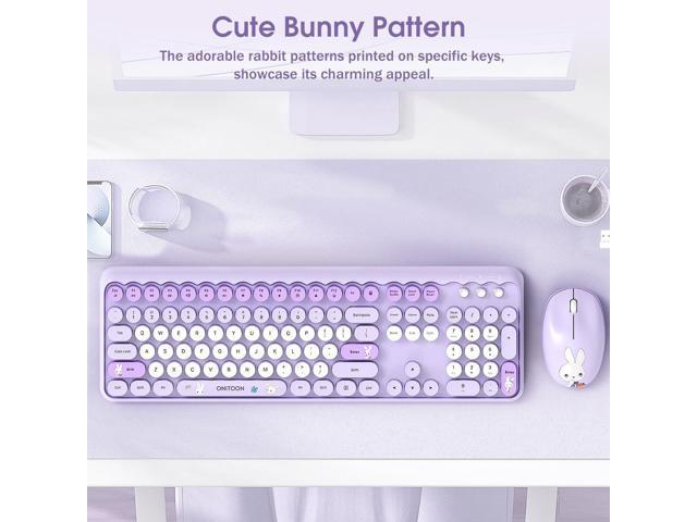 Wireless Keyboard and Mouse Combo, 2.4GHz Retro Full-Sized Keyboard and Wireless Quiet Mouse for Office PC Desktops Laptops Computer, Cute Bunny...