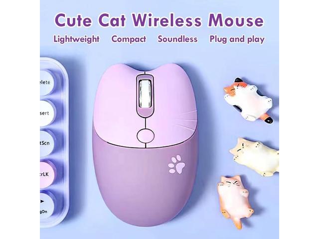 Lomiluskr Cute Cat Wireless Mouse, Lightweight Soundless Mice, 2.4G Wireless Mice, Candy Colors, Kawaii Mouse for Girls and Kids (Purple)
