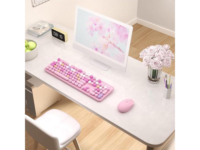 Colorful Wireless Keyboard and Mouse Combo, COVEVA 2.4GHz Wireless Retro Cute Round Keycaps Keyboard, 104 Keys Full-Sized Keyboard Mouse Set with...