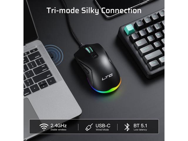LTC GM025 Tri-Mode Wireless Gaming Mouse,12000 DPI PAW3311 Sensor, Ergonomic Mouse 2.4Ghz/BT/Wired, 6 Programmable Buttons, Customizable RGB...