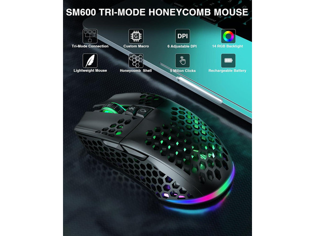 SM600 Honeycomb Shell Gaming Mouse Wireless,8000 DPI Tri-Modes BT5.1/2.4G Wireless/Type-C Wired Gamer Mouse with 2 Side Buttons, Macro Programmable...