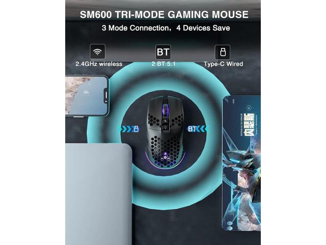 SM600 Honeycomb Shell Gaming Mouse Wireless,8000 DPI Tri-Modes BT5.1/2.4G Wireless/Type-C Wired Gamer Mouse with 2 Side Buttons, Macro Programmable...