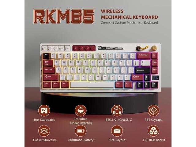 RK ROYAL KLUDGE M65 Wireless Mechanical Keyboard with Volume Knob, 60% Tri-Mode Gaming Keyboard 2.4G/BT/USB-C, Gasket Mount, Battery Display, PBT...