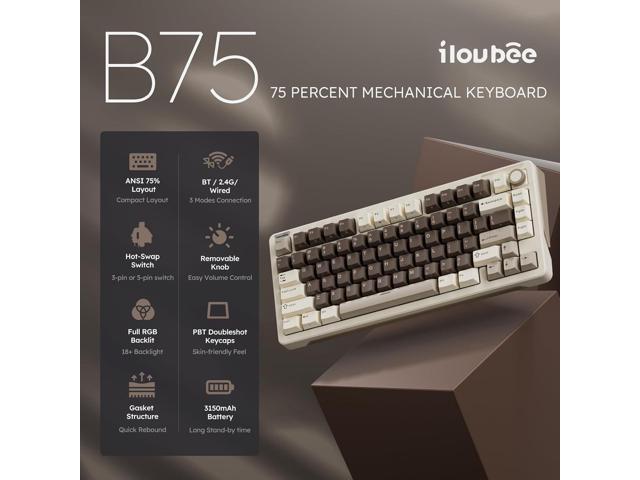 iLovBee B75 Wireless Mechanical Keyboard, 75% Percent Gaming Keyboard w/Bluetooth/2.4GHz/USB Wired, Creamy Hot Swappable Keyboards with Knob,...