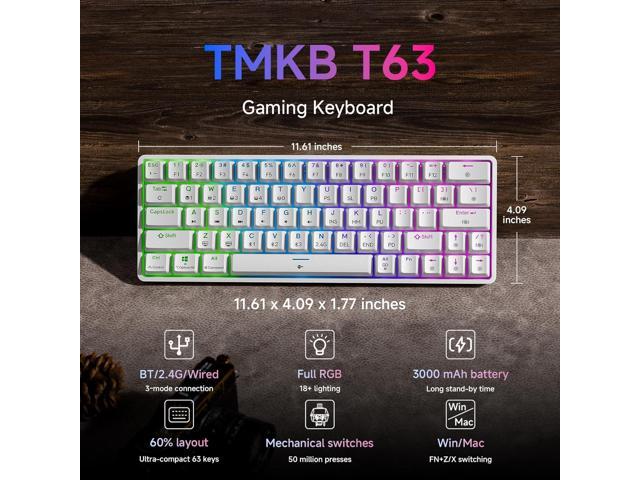 TMKB T63 Gaming Keyboard, 60% Wireless Mechanical Keyboard with Bluetooth/2.4G/Type-C, Compact 63 Keys Anti-Ghosting, RGB Backlight, Clicky Blue...